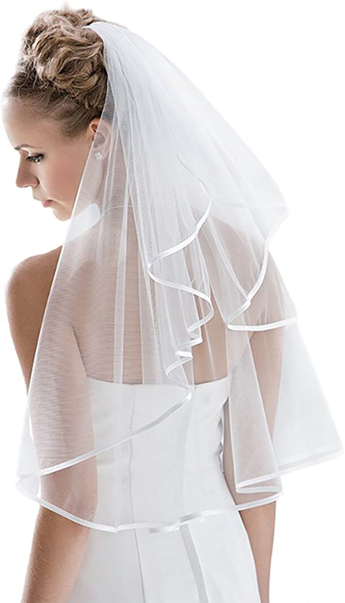 Nanchor Bridal Veil Women's Simple Tulle Short Wedding Veil Ribbon Edge with Comb for Wedding Bachelorette Party (White)