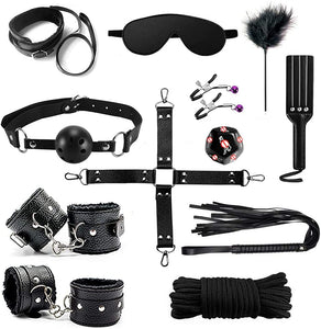 BDSM Restraints Sex Toys 12 Pcs Bondage Restraints Kits Fetish Bed Restraints Set for Beginners SM Adult Games Cuffs Gag Blindfold Spanking Paddle Black