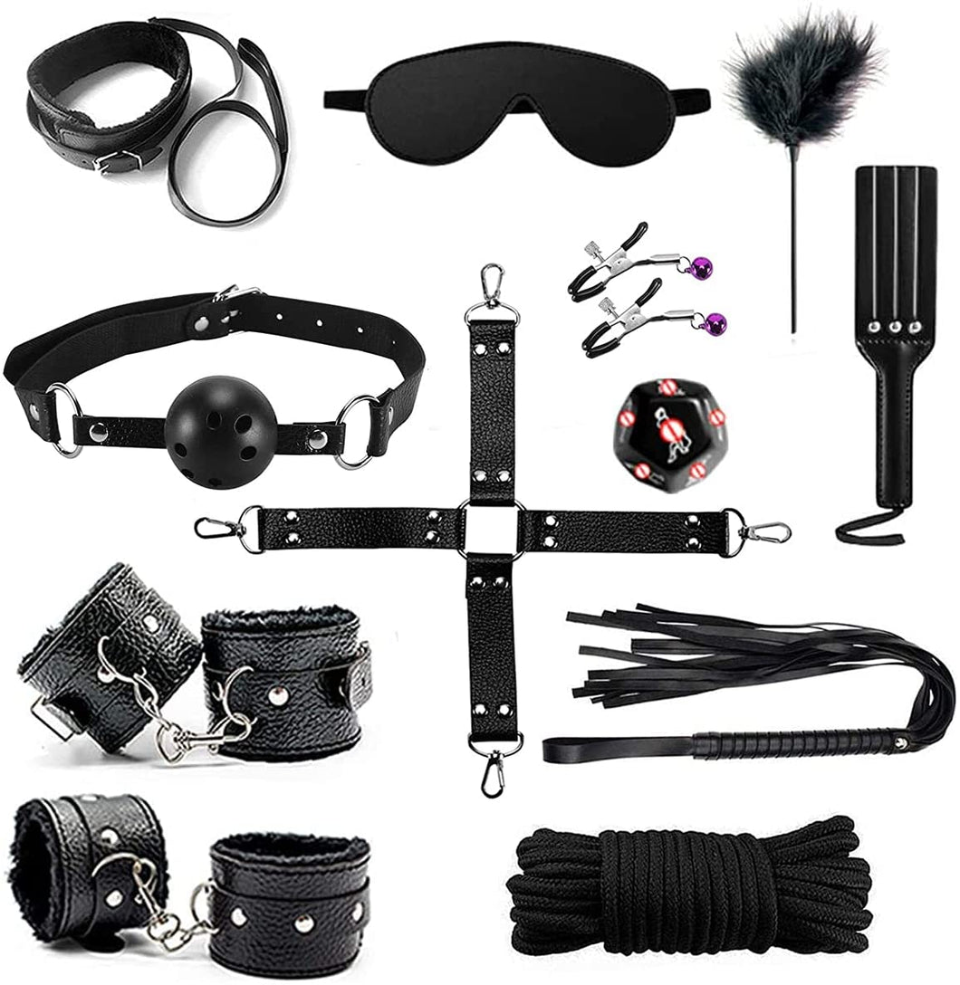 BDSM Restraints Sex Toys 12 Pcs Bondage Restraints Kits Fetish Bed Restraints Set for Beginners SM Adult Games Cuffs Gag Blindfold Spanking Paddle Black